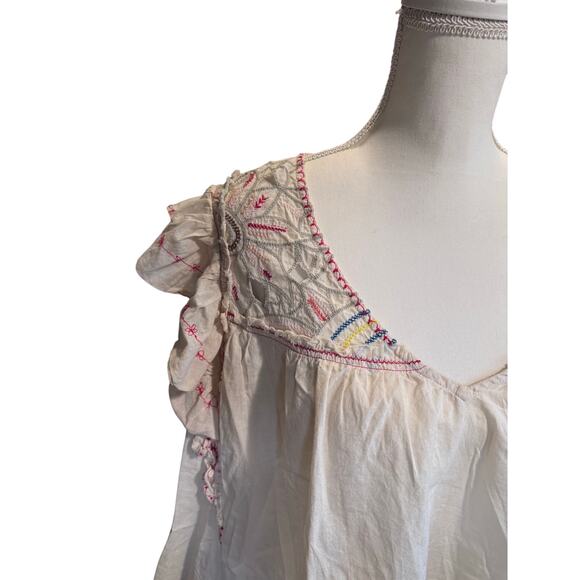 EMBROIDERED SHORT SLEEVE FLOWY LOOSE HIPPIE BOHO FLOWY FLOUNCY CAP SLEEVE SHIRT - Picture 4 of 6